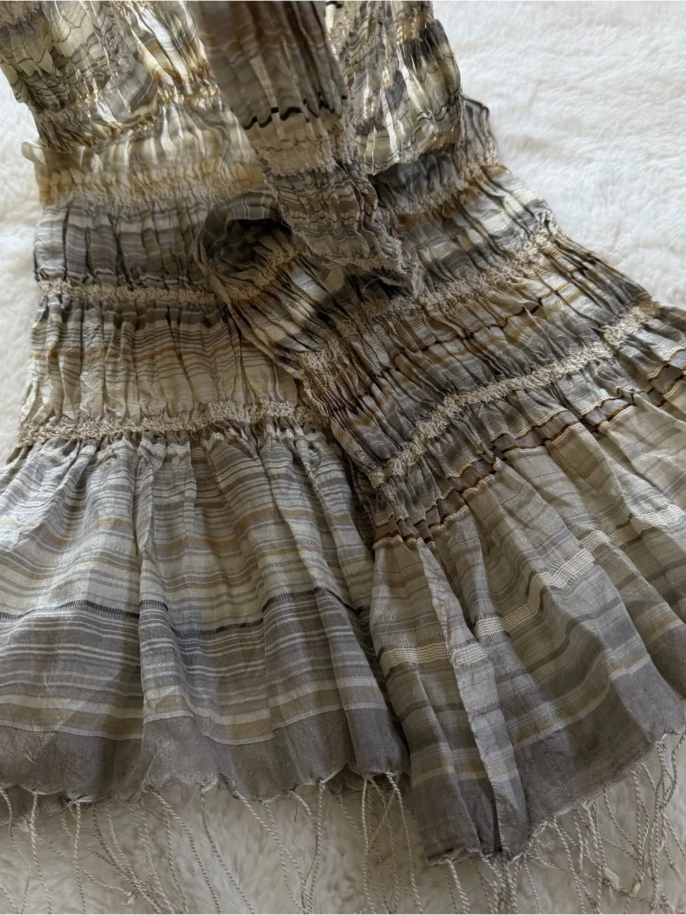 Eileen Fisher 100% Silk Crinkle Scarf Wrap Gray Taupe Stripe Fringe MSRP $179